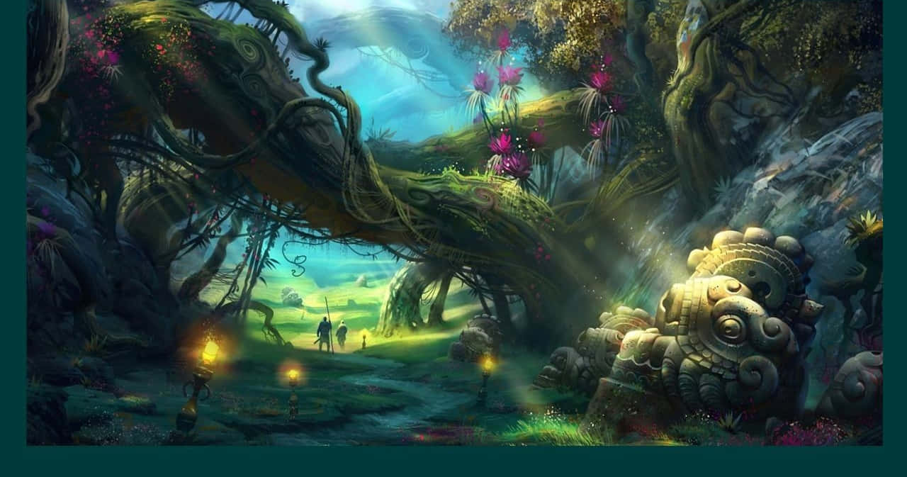 Fairy Forest, twisted trees, ancient ruins, HD Desktop Wallpaper