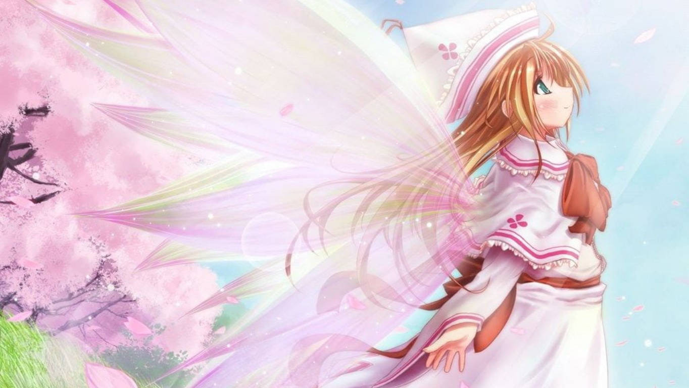anime girl, translucent wings, falling cherry blossoms, HD Desktop Wallpaper