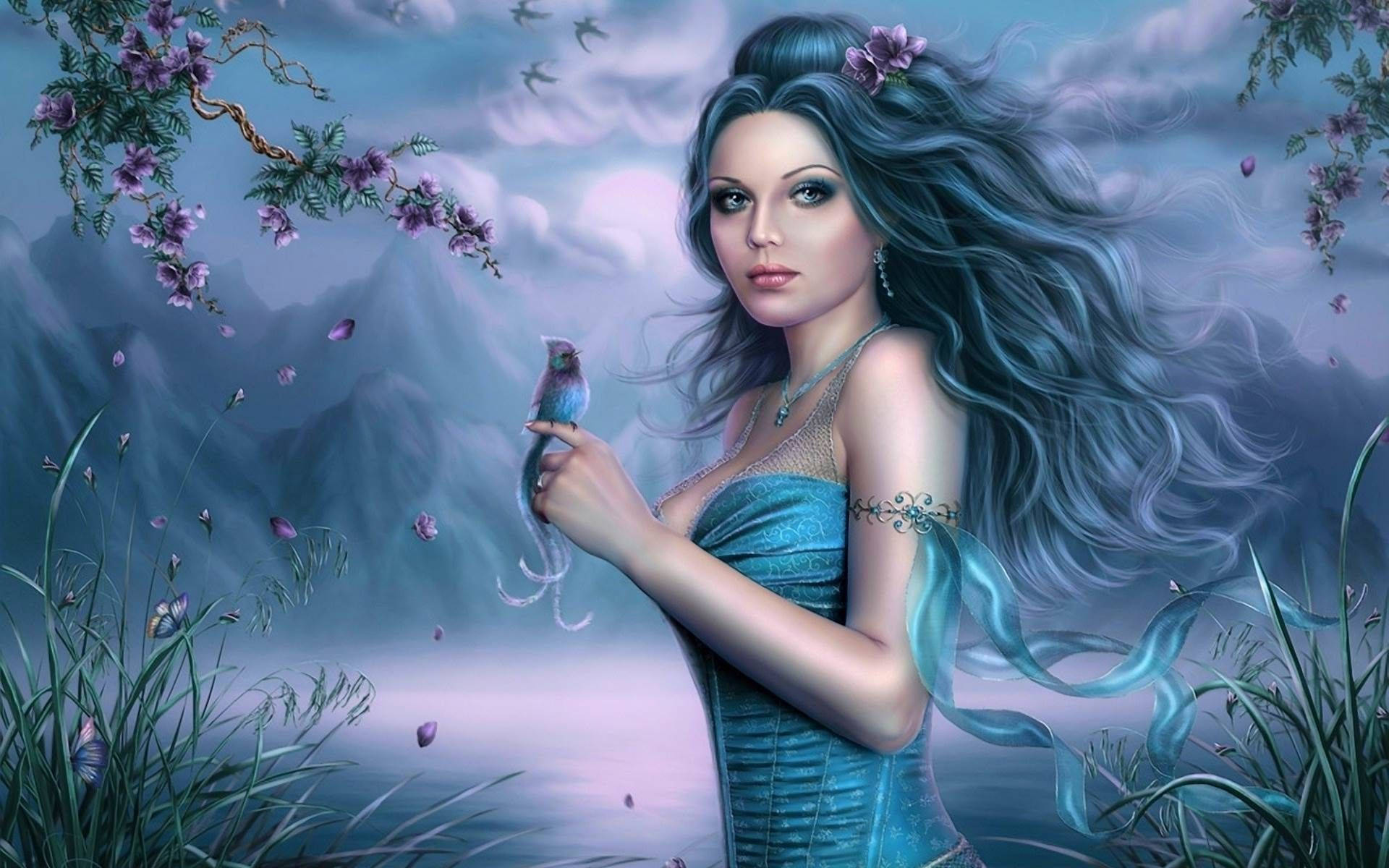 blue-haired fairy, teal gown, small bird, Full HD Desktop Wallpaper