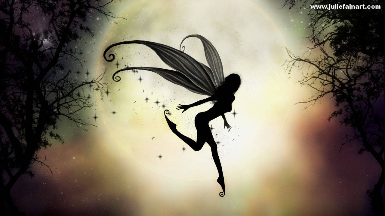 Tiny Silhouette Fairy, glowing full moon, dark trees, HD Desktop Wallpaper