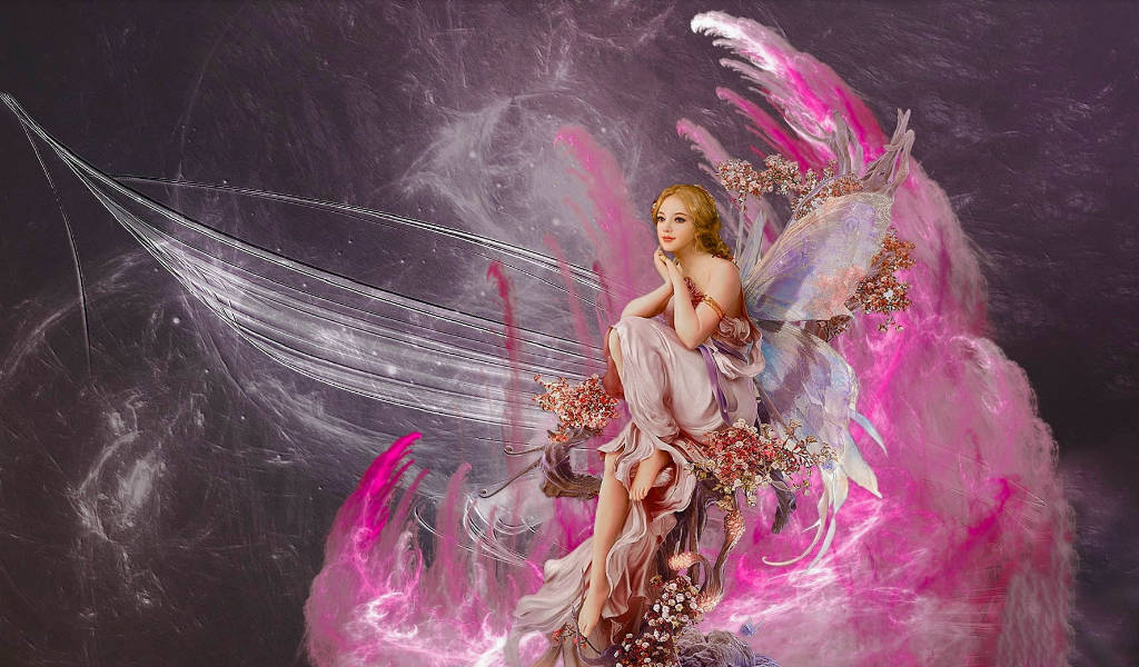 Pink Fairy Cloud, translucent wings, flowers, SD Desktop Wallpaper