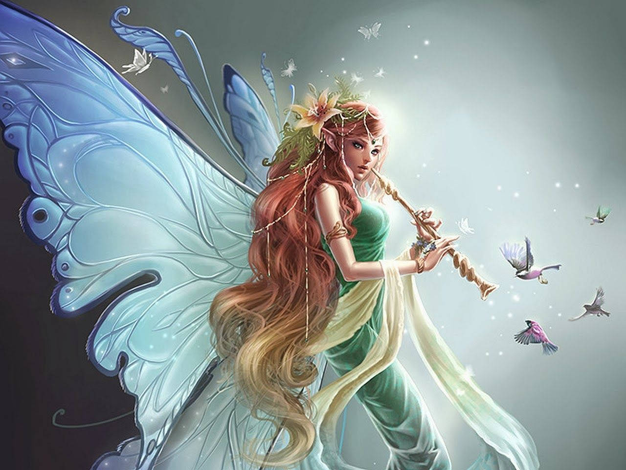 musician fairy, green dress, translucent blue wings, HD Desktop Wallpaper
