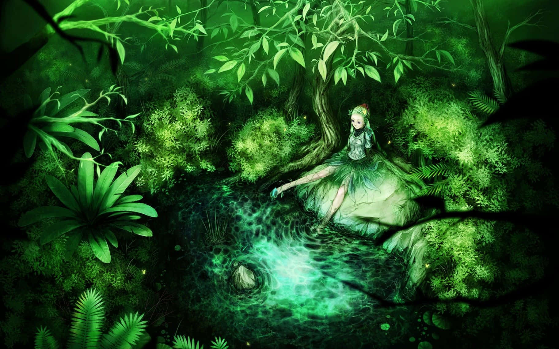 green anime, fairy-like figure, glowing green forest, HD Desktop Wallpaper