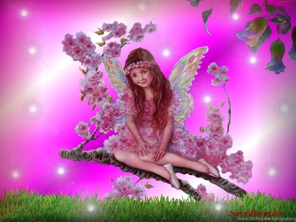 pretty baby fairy, pink wings, blossoming cherry branch, SD Desktop Wallpaper