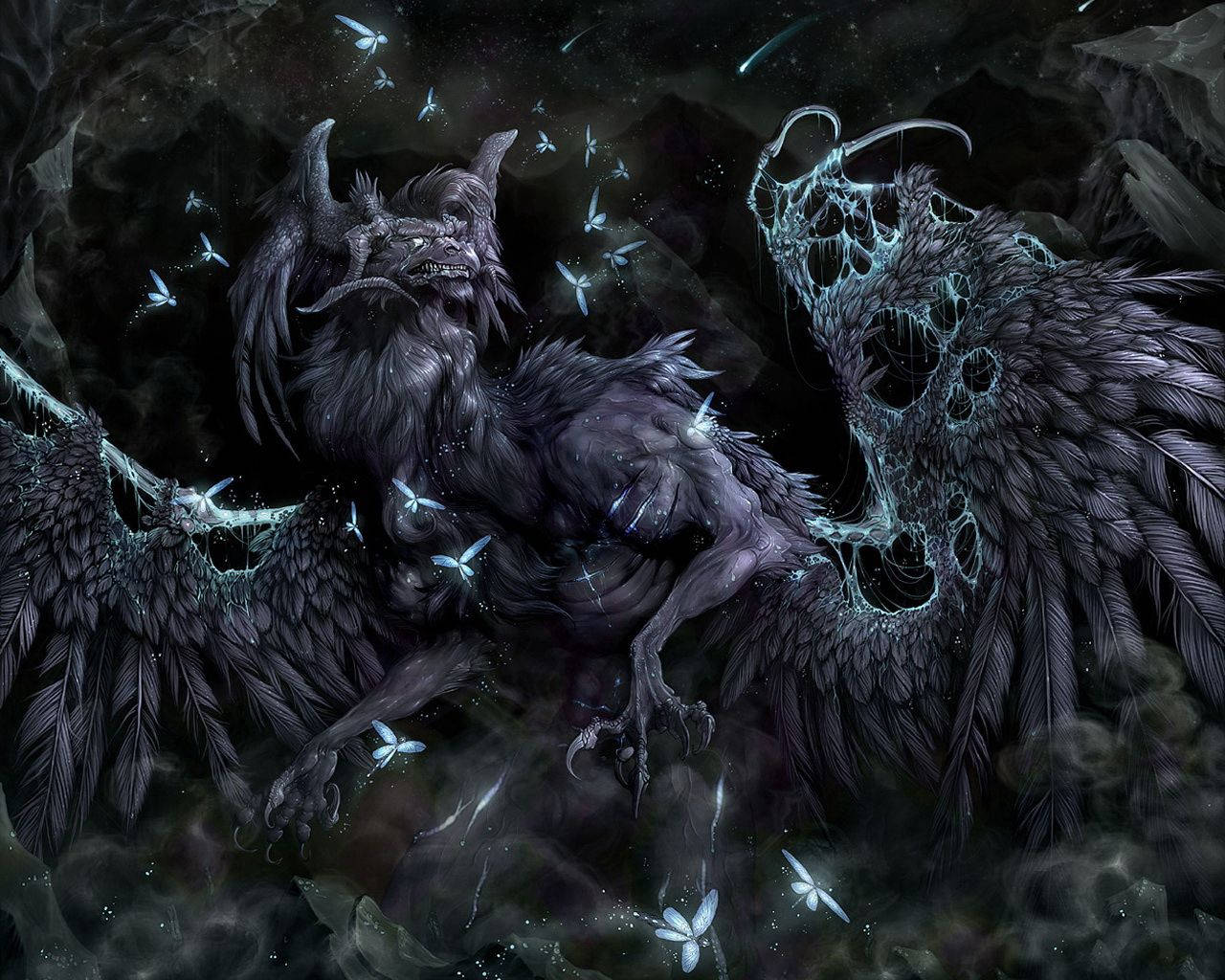 dragon, fairies, glowing blue insects, HD Desktop Wallpaper