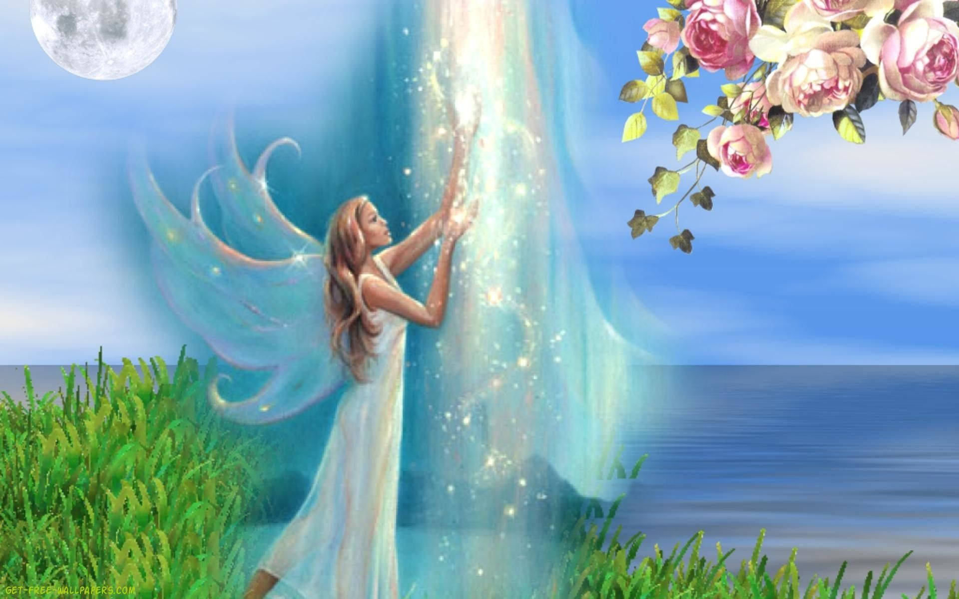 Pretty Summer Fairy, translucent wings, glowing magical beam, Full HD Desktop Wallpaper