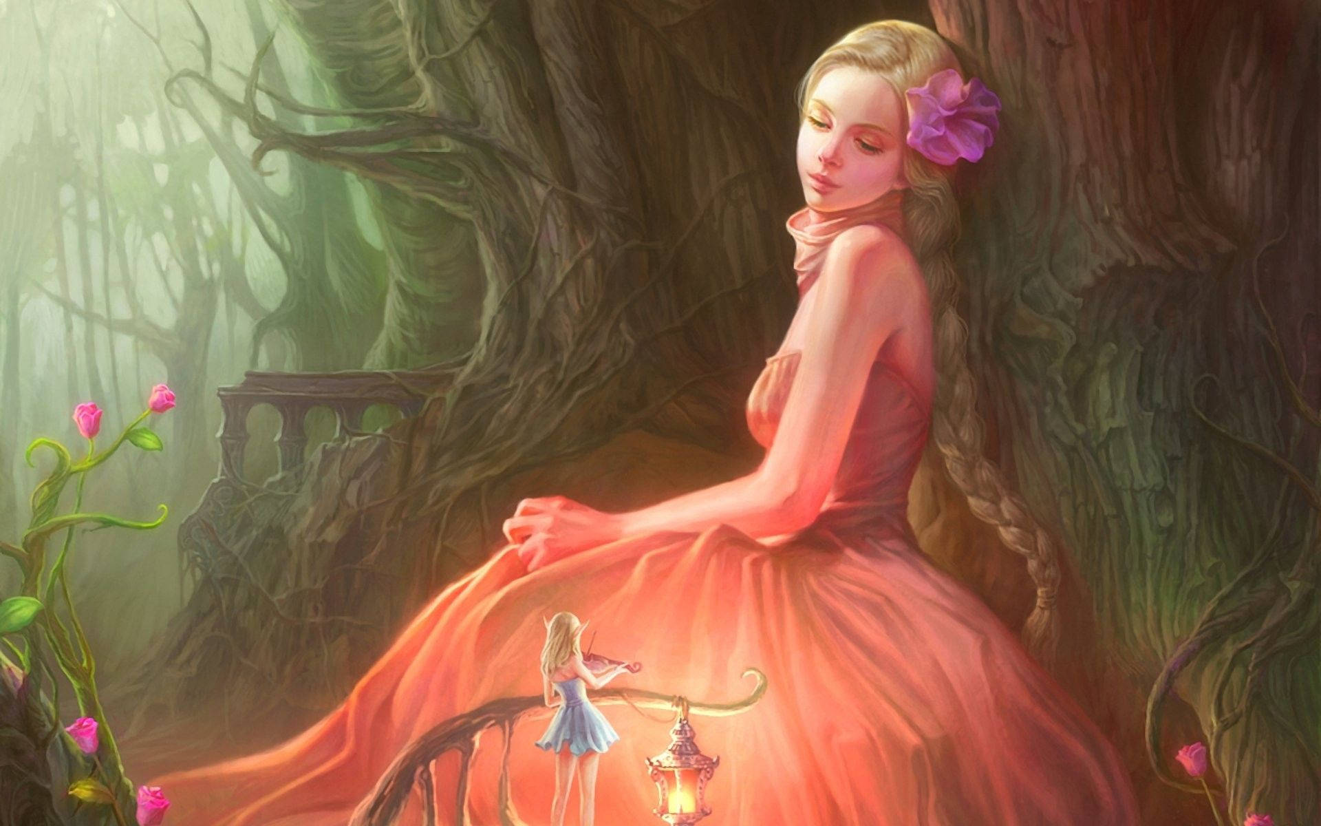 fantasy fairy, blue dress, glowing lantern, Full HD Desktop Wallpaper