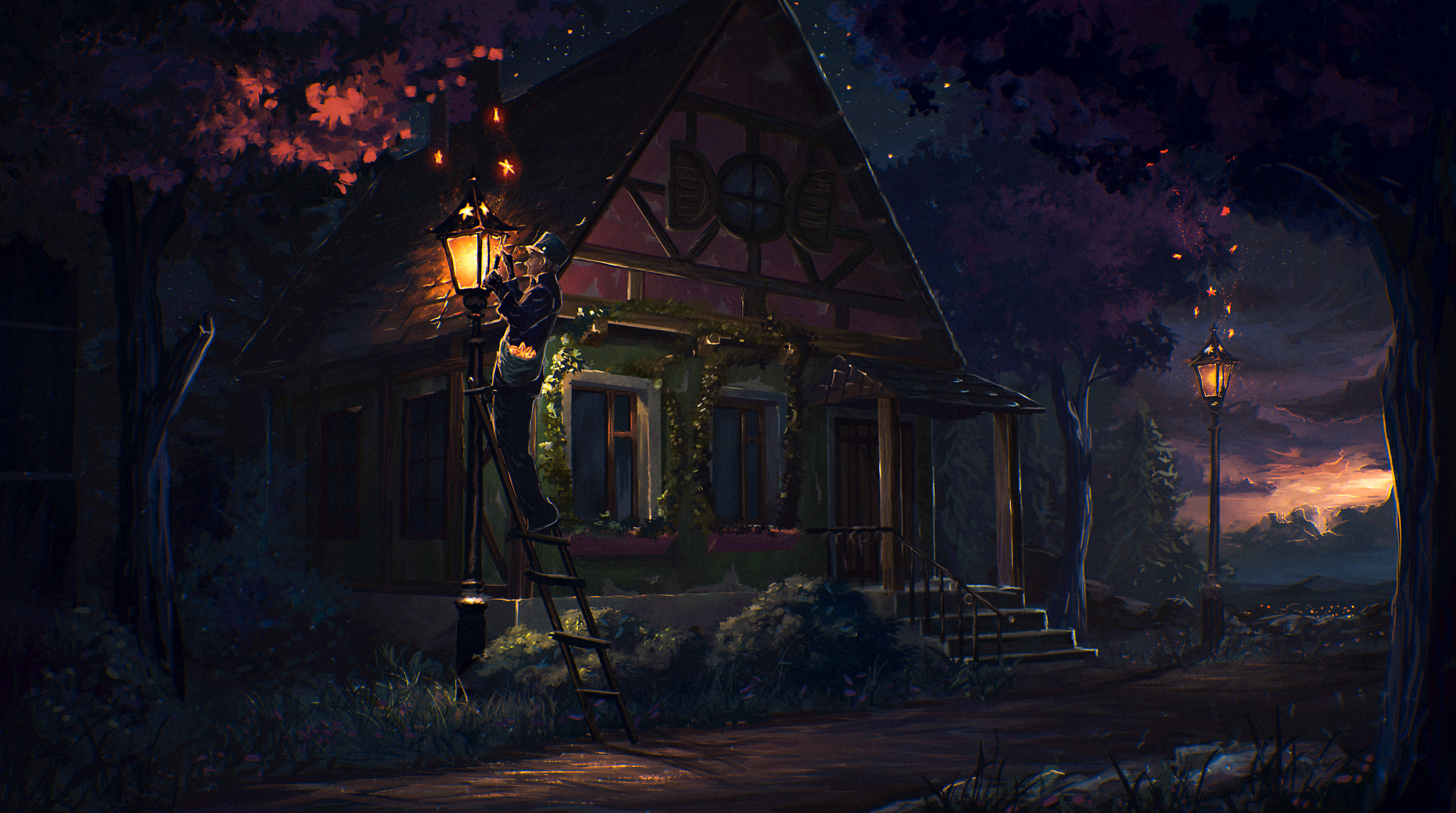 fairy house, glowing lantern, cozy cottage, 4K Desktop Wallpaper