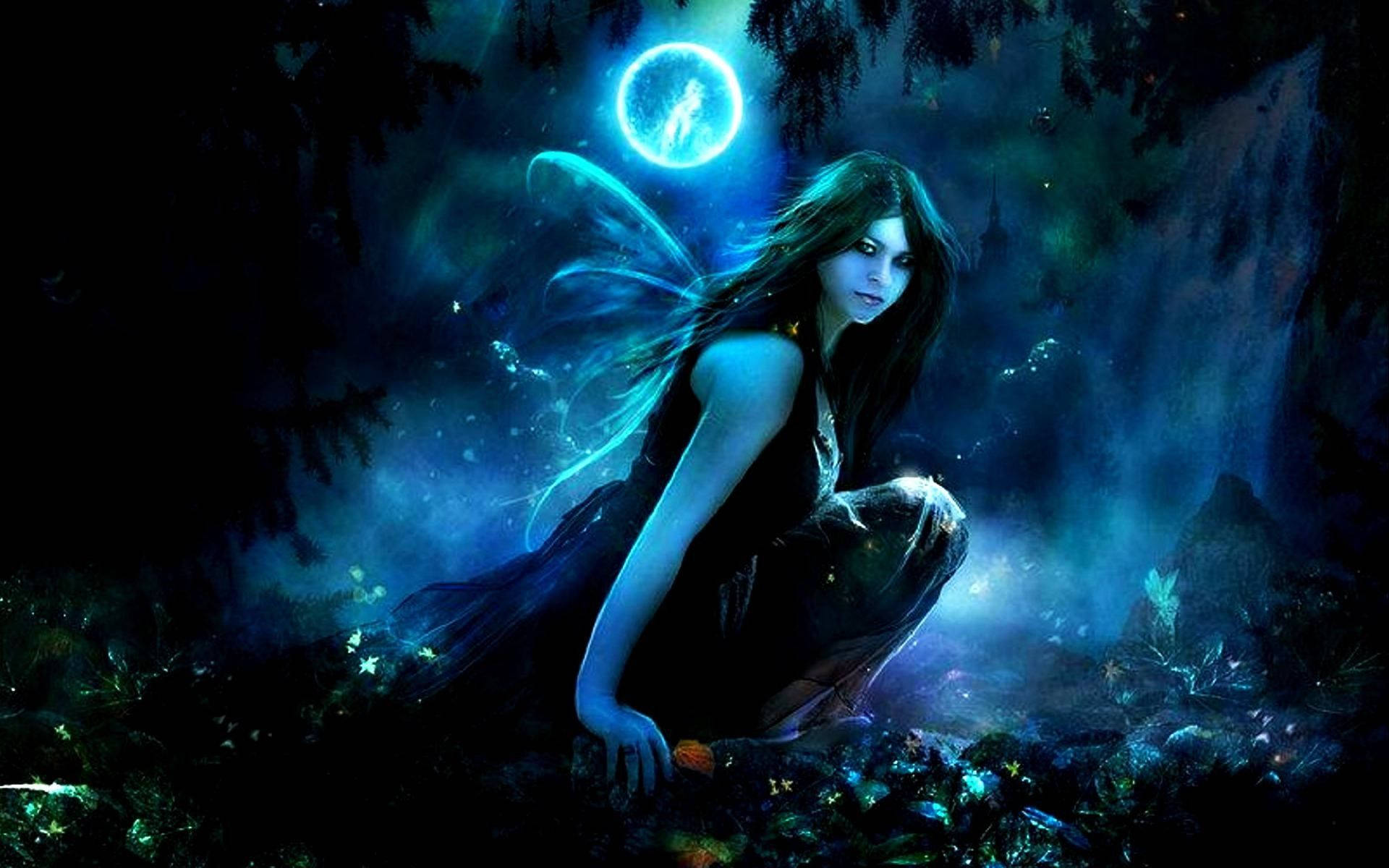 dark fairy, glowing blue wings, dark enchanted forest, Full HD Desktop Wallpaper