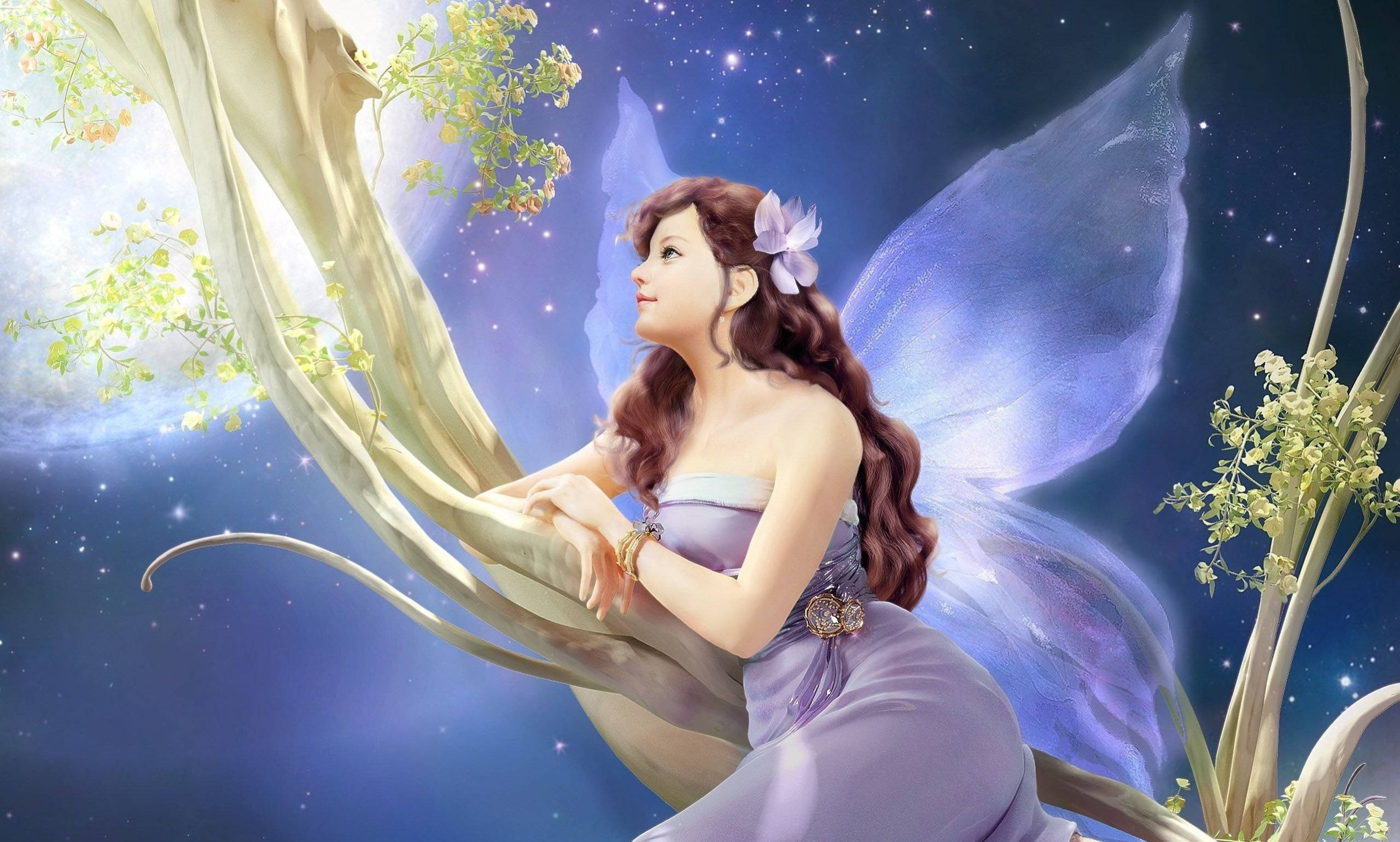 tree fairy girl, purple wings, glowing vines, 2K Desktop Wallpaper
