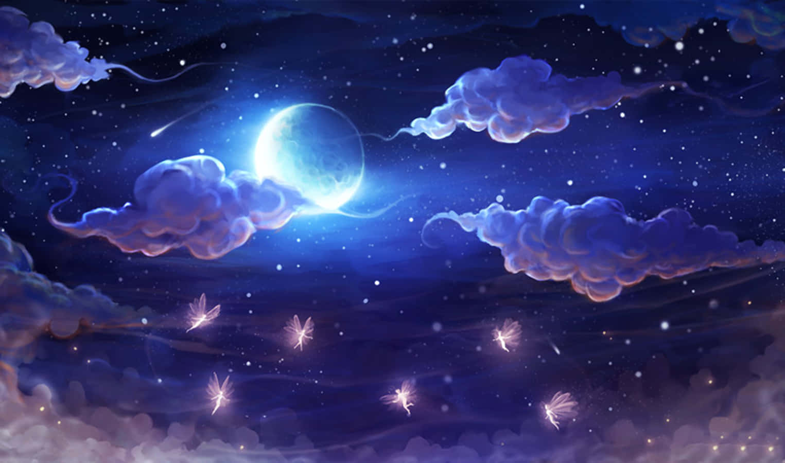 glowing crescent moon, purple clouds, glowing fairies, HD Desktop Wallpaper