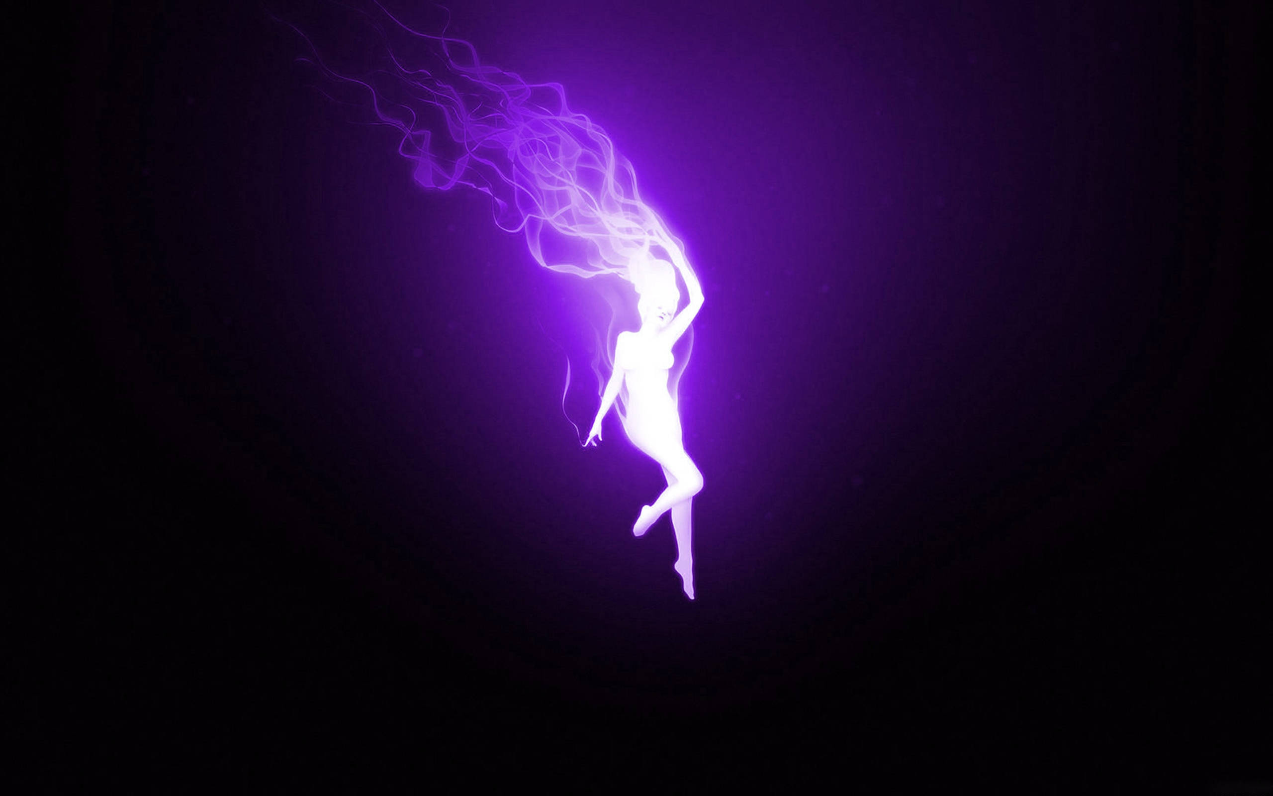 dark purple, black female spirit, glowing humanoid figure, 2K Desktop Wallpaper