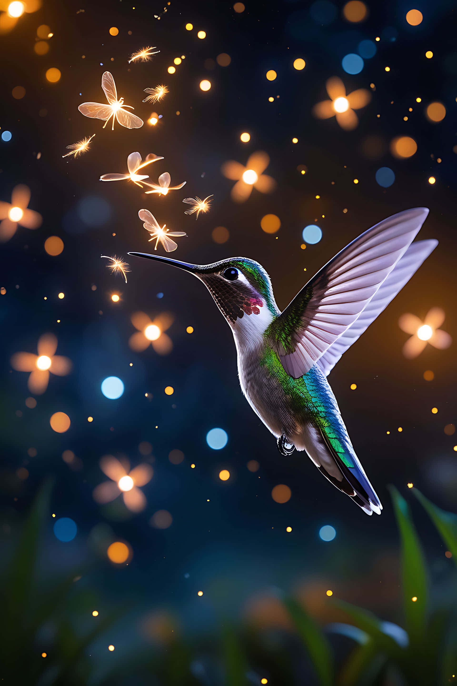 hummingbird, iridescent green feathers, glowing fireflies, 2K Phone Wallpaper