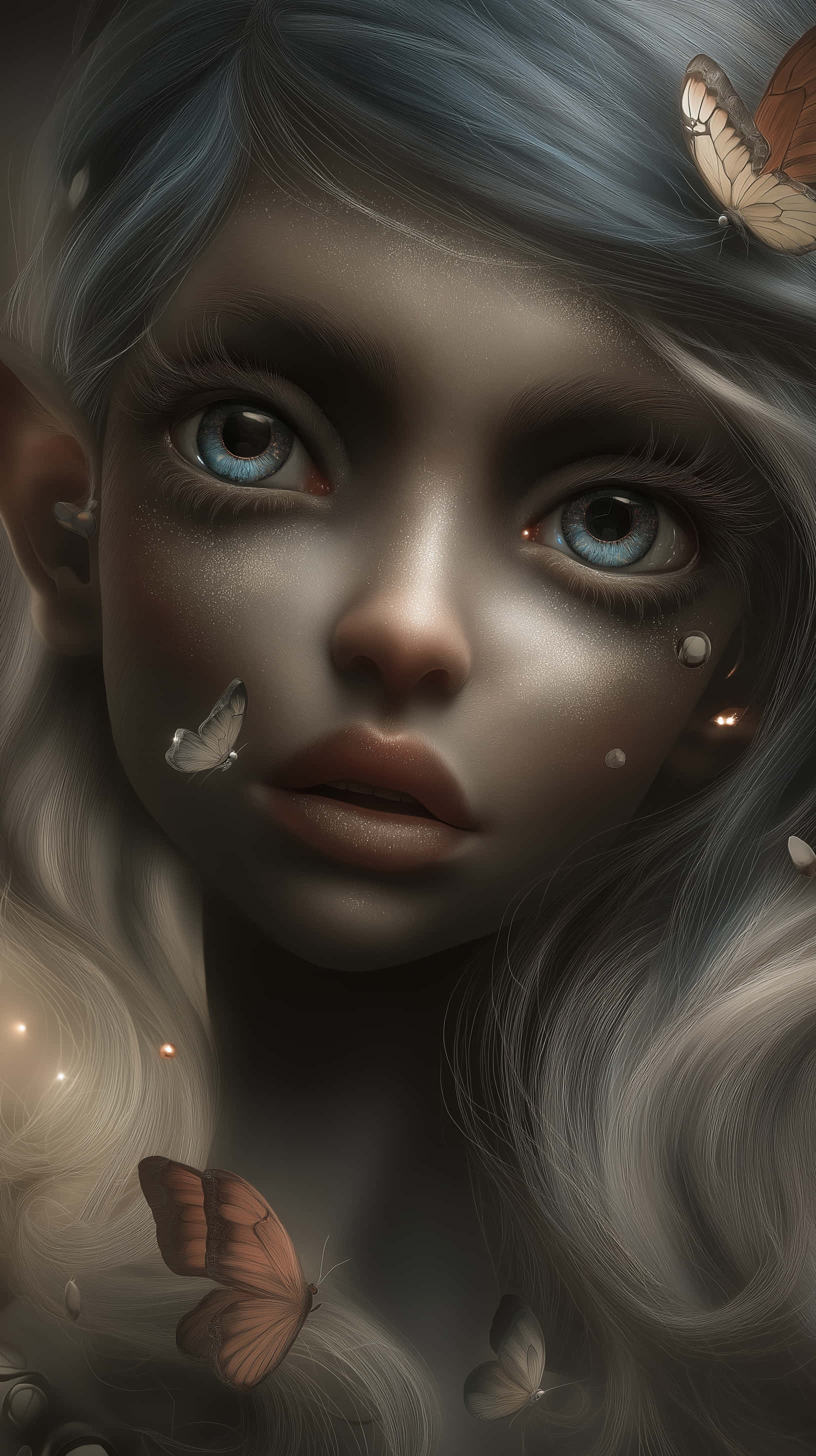 fantasy elf, butterflies, glowing hair, 2K Phone Wallpaper