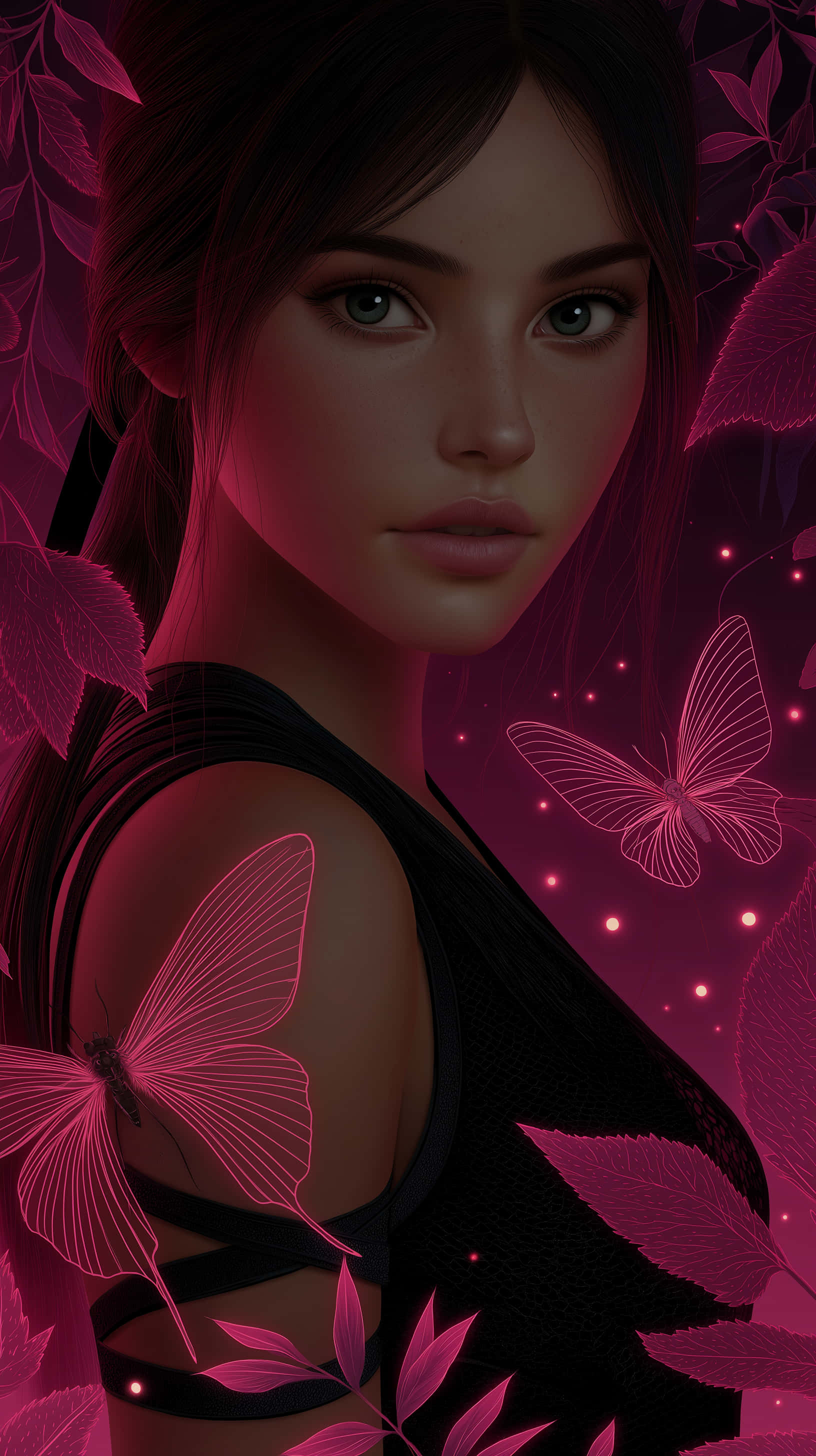 dark fairy, glowing pink butterflies, deep magenta background, 2K Phone Wallpaper