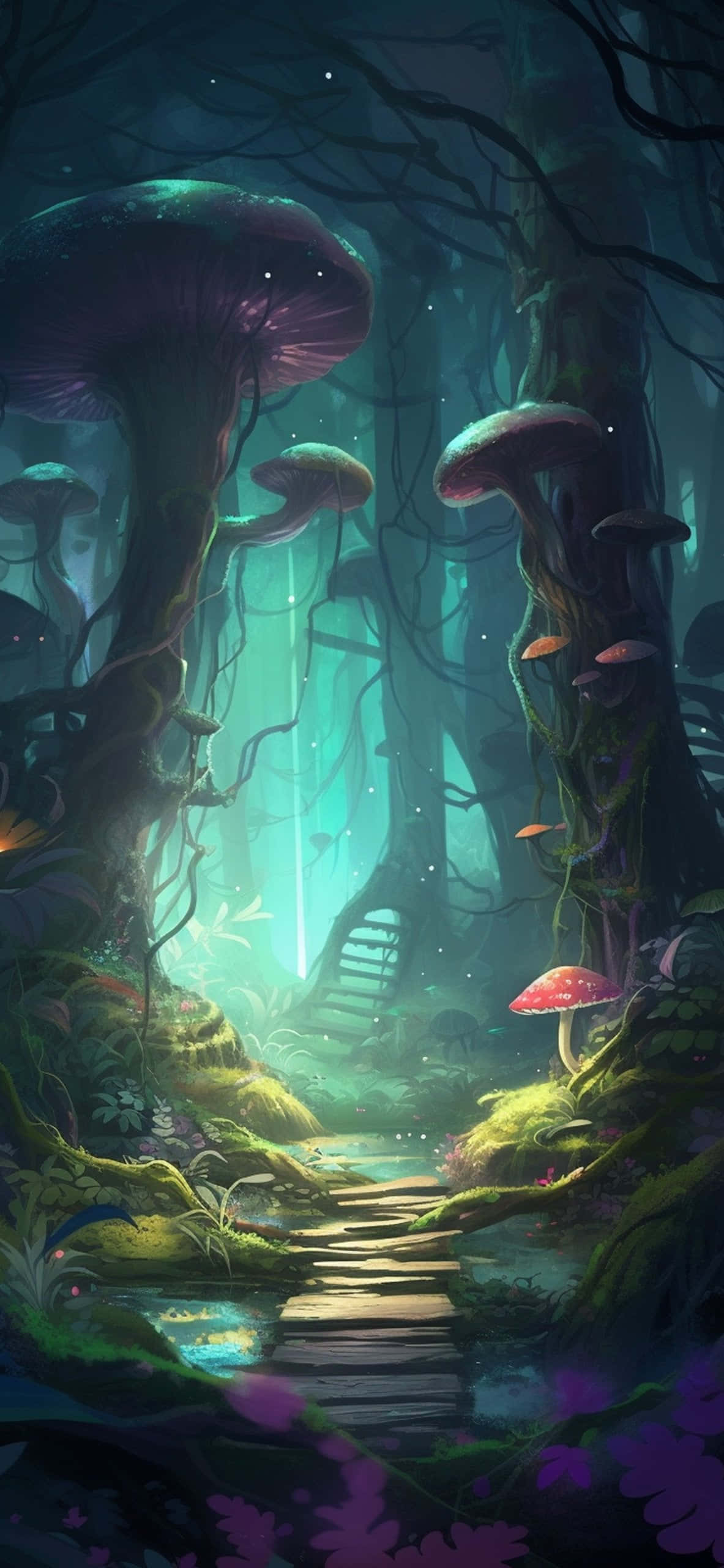 enchanted forest pathway, giant glowing mushrooms, starry canopy, 2K Phone Wallpaper
