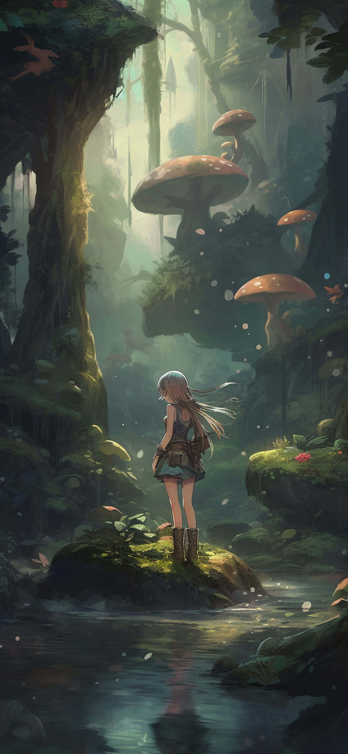 enchanted forest, mossy rock, giant glowing mushrooms, 2K Phone Wallpaper