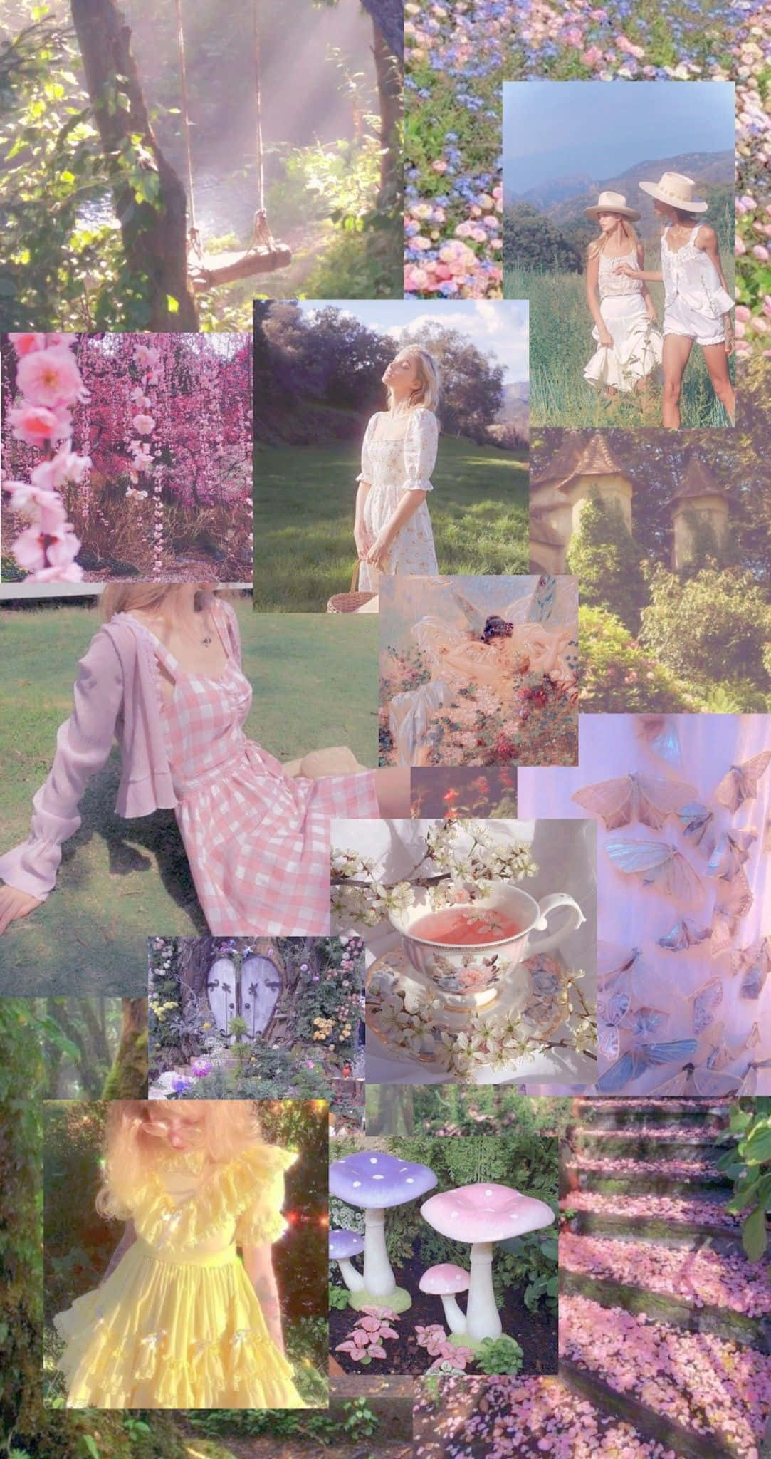 Fairycore Collage Aesthetic, pastel garden scenes, women in floral dresses, Full HD Phone Wallpaper
