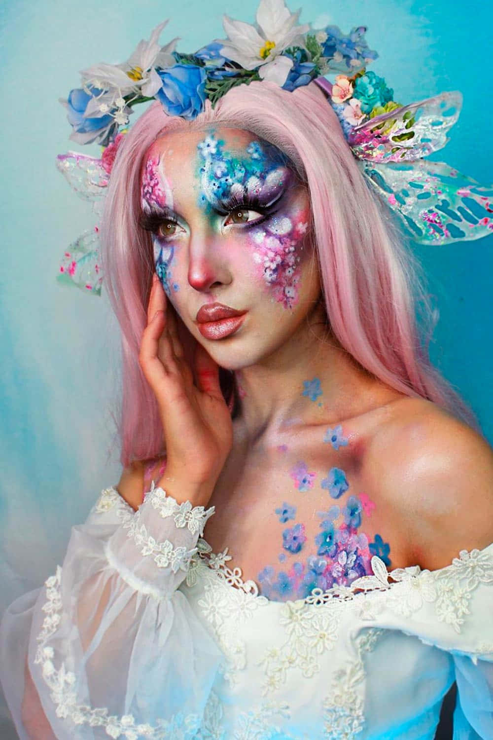 pink hair, floral face paint, white lace dress, HD Phone Wallpaper