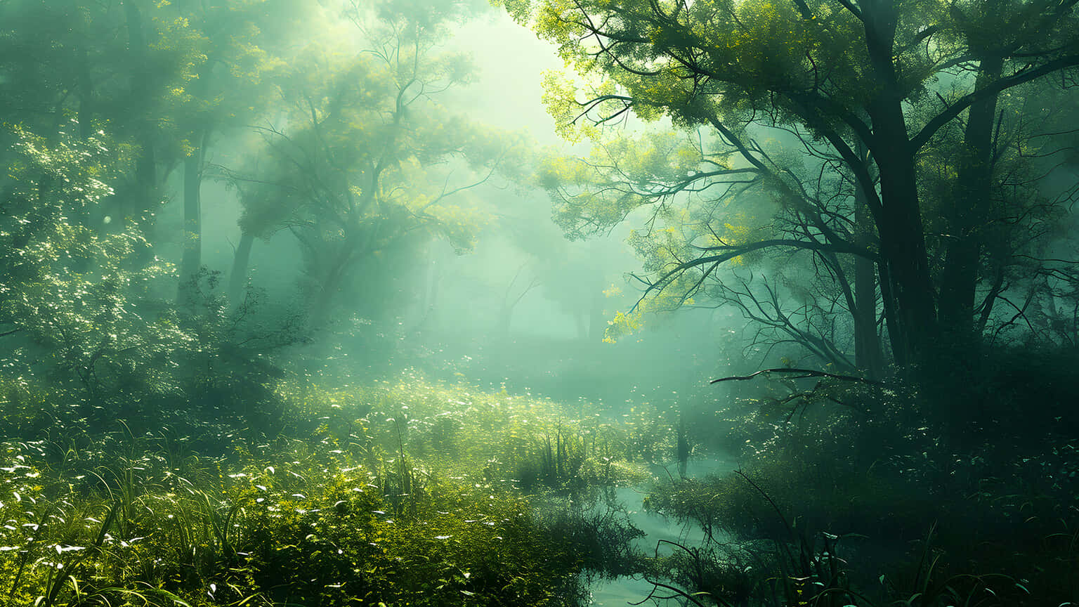 enchanted forest, mist, sunlight, HD Desktop Wallpaper