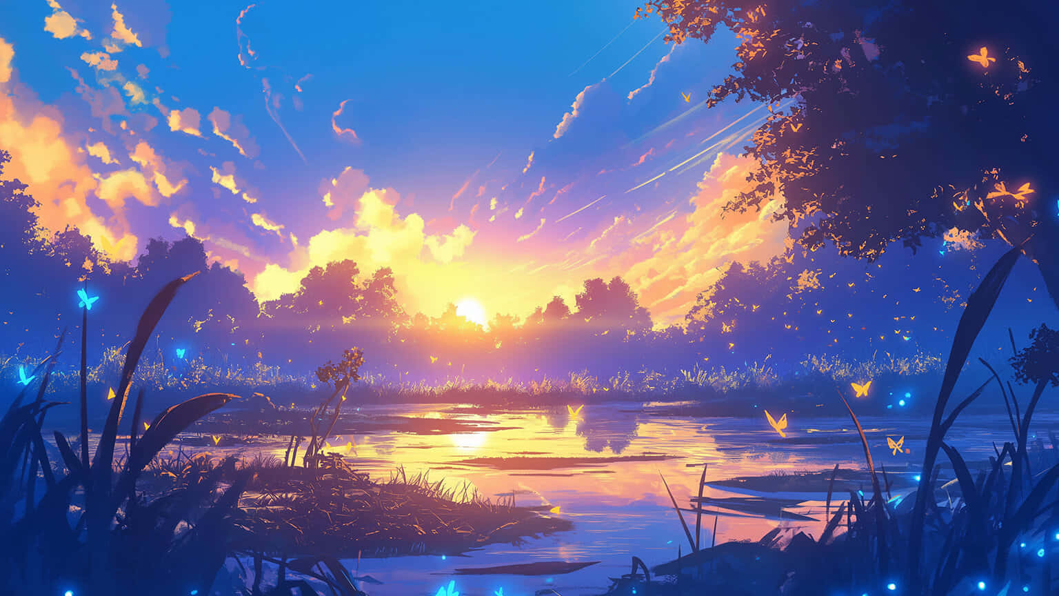 enchanted twilight lake, vibrant sunset, glowing butterflies, HD Desktop Wallpaper