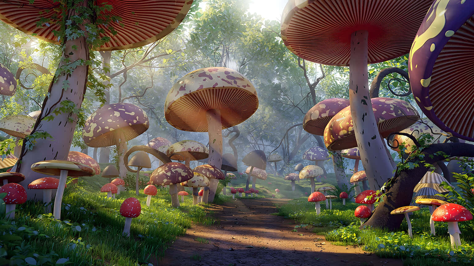 enchanted mushroom forest path, giant colorful mushrooms, red caps, HD Desktop Wallpaper