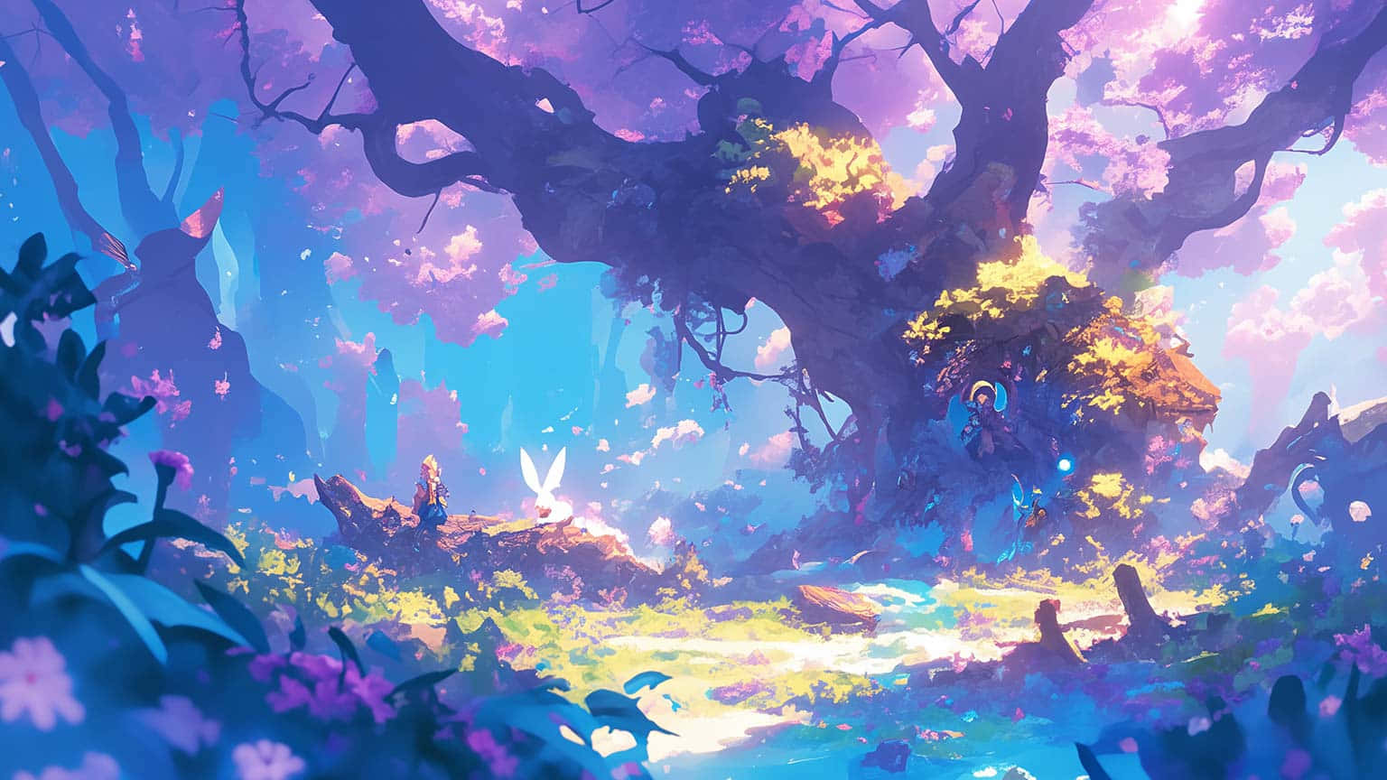 enchanted forest glade, purple cherry blossoms, ancient trees, HD Desktop Wallpaper
