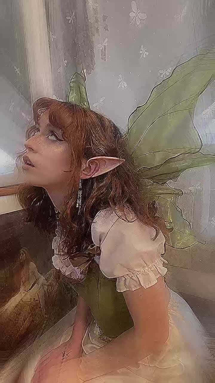 elf ears, translucent green wings, softly lit room, HD Phone Wallpaper
