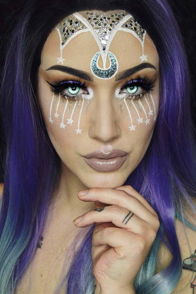 purple and teal hair, celestial makeup, stars, SD Phone Wallpaper