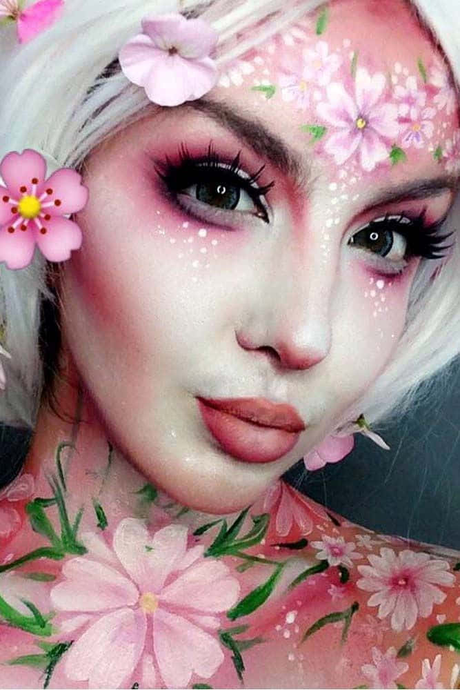 white hair, pink cherry blossom makeup, body paint, SD Phone Wallpaper