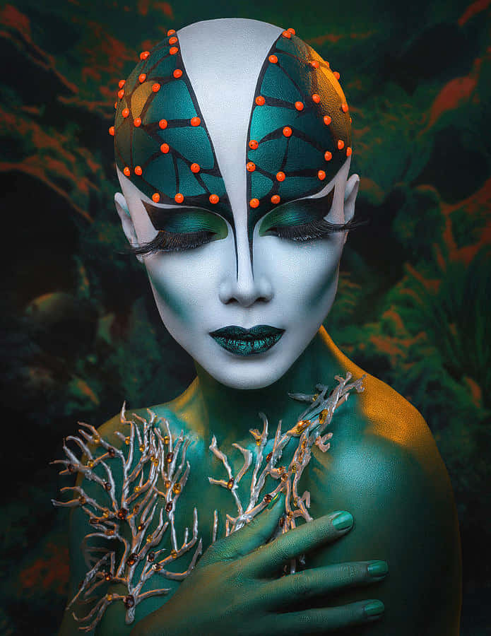 teal and white face paint, orange dots, coral-like branches, SD Phone Wallpaper