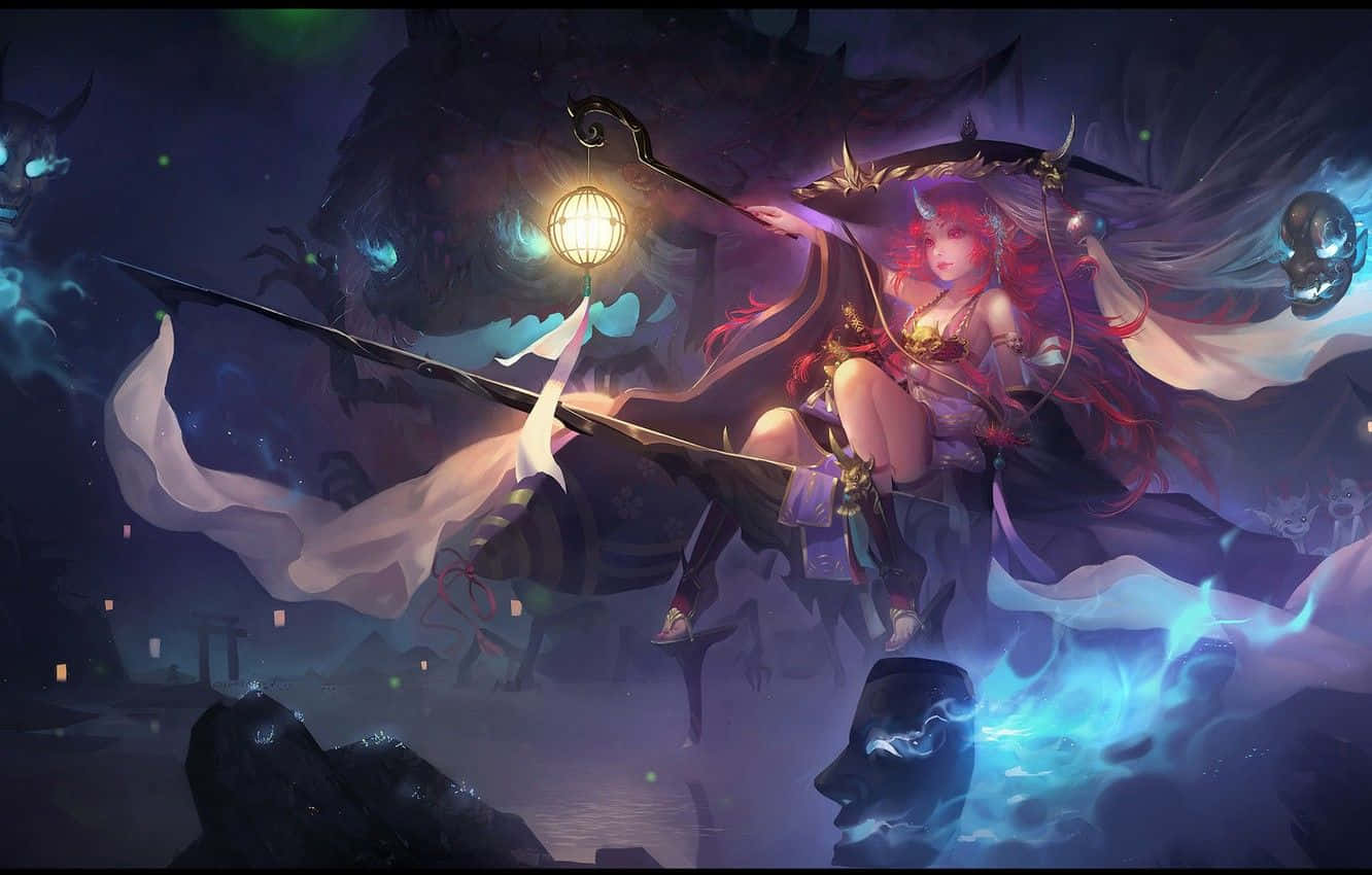 red-haired anime warrior goddess, spectral horse, glowing lantern, HD Desktop Wallpaper