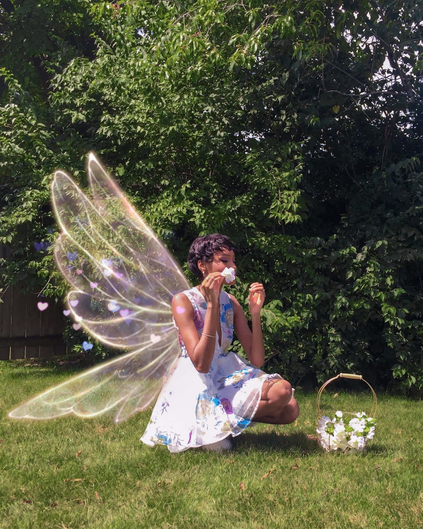 Fairycore, translucent fairy wings, sunlit garden, Full HD Phone Wallpaper