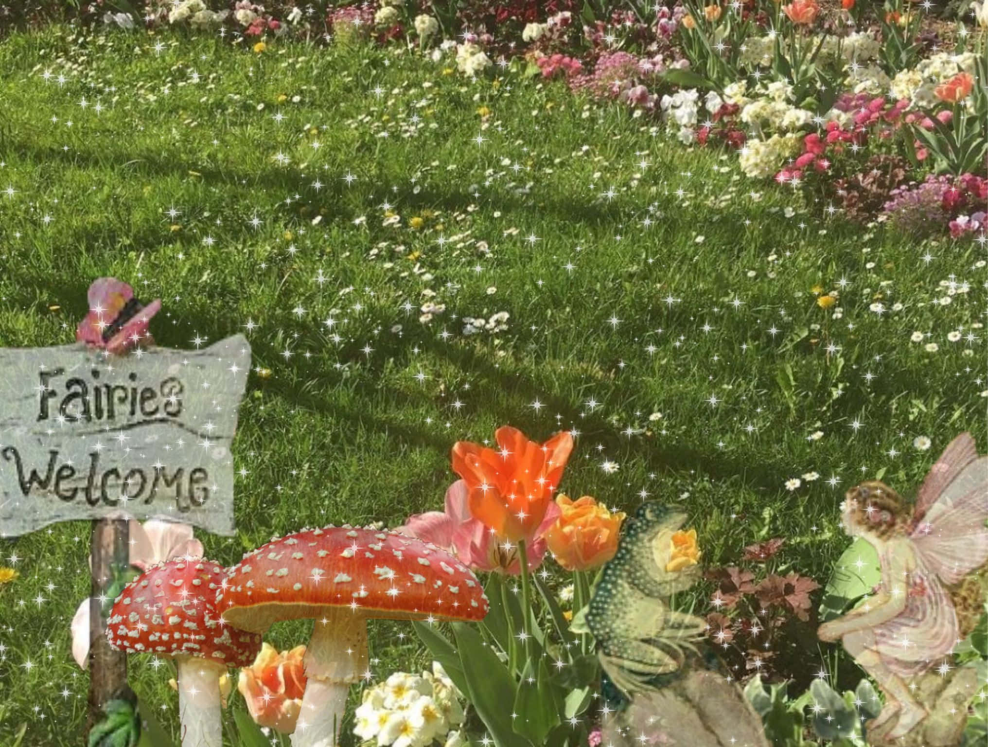Fairycore, garden, welcome sign, Full HD Desktop Wallpaper