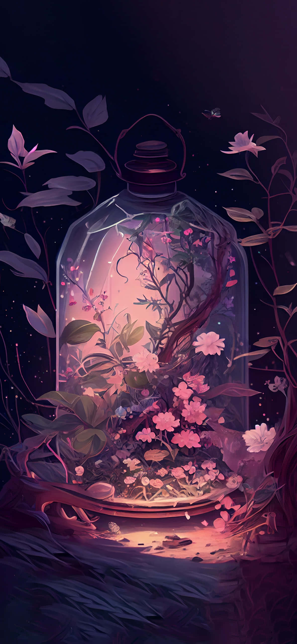 enchanted forest terrarium, glowing glass dome, pink flowers, 2K Phone Wallpaper