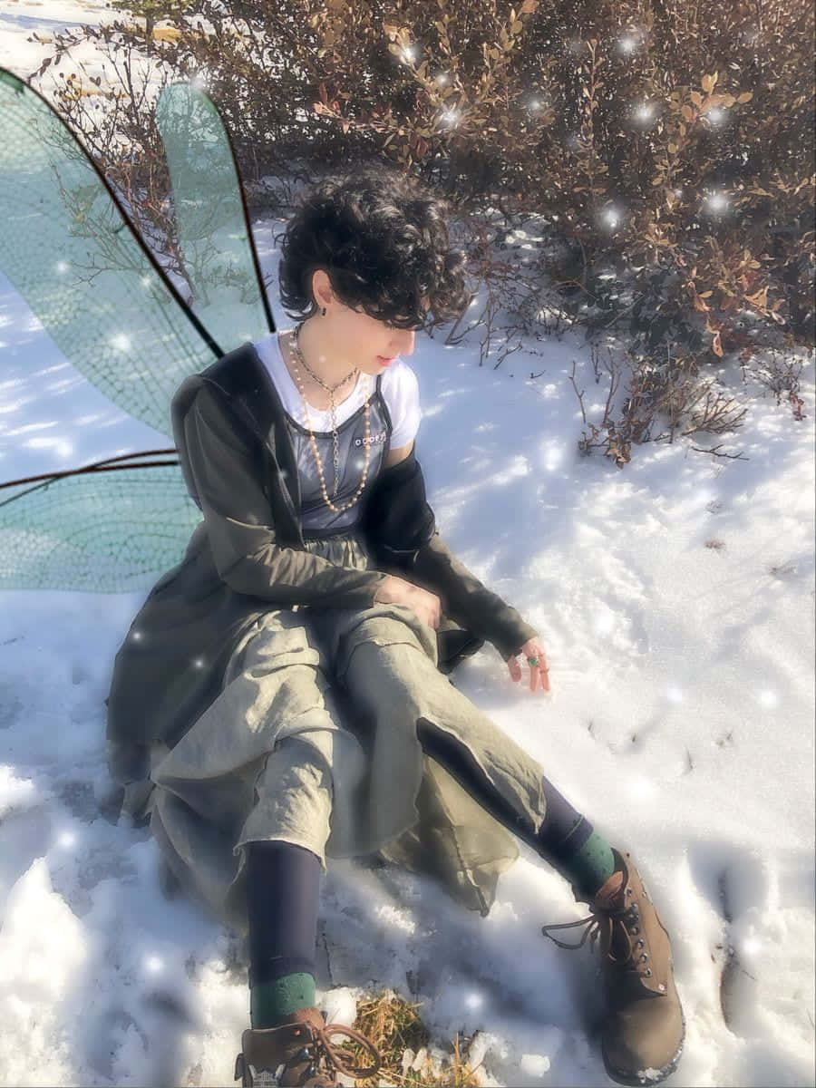 Winter Fairycore, curly hair, translucent wings, SD Phone Wallpaper