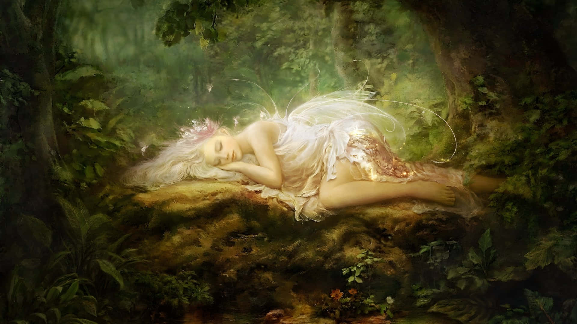 fairy, white hair, delicate wings, Full HD Desktop Wallpaper