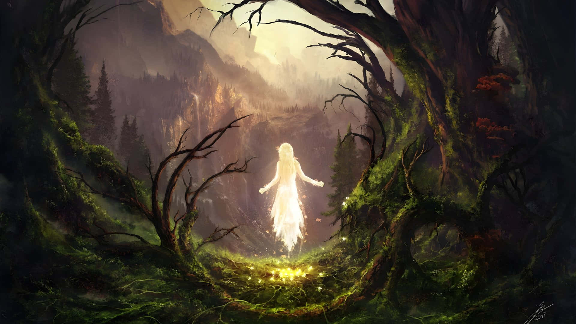 enchanted grunge fairycore forest, glowing ethereal figure, mossy forest clearing, Full HD Desktop Wallpaper