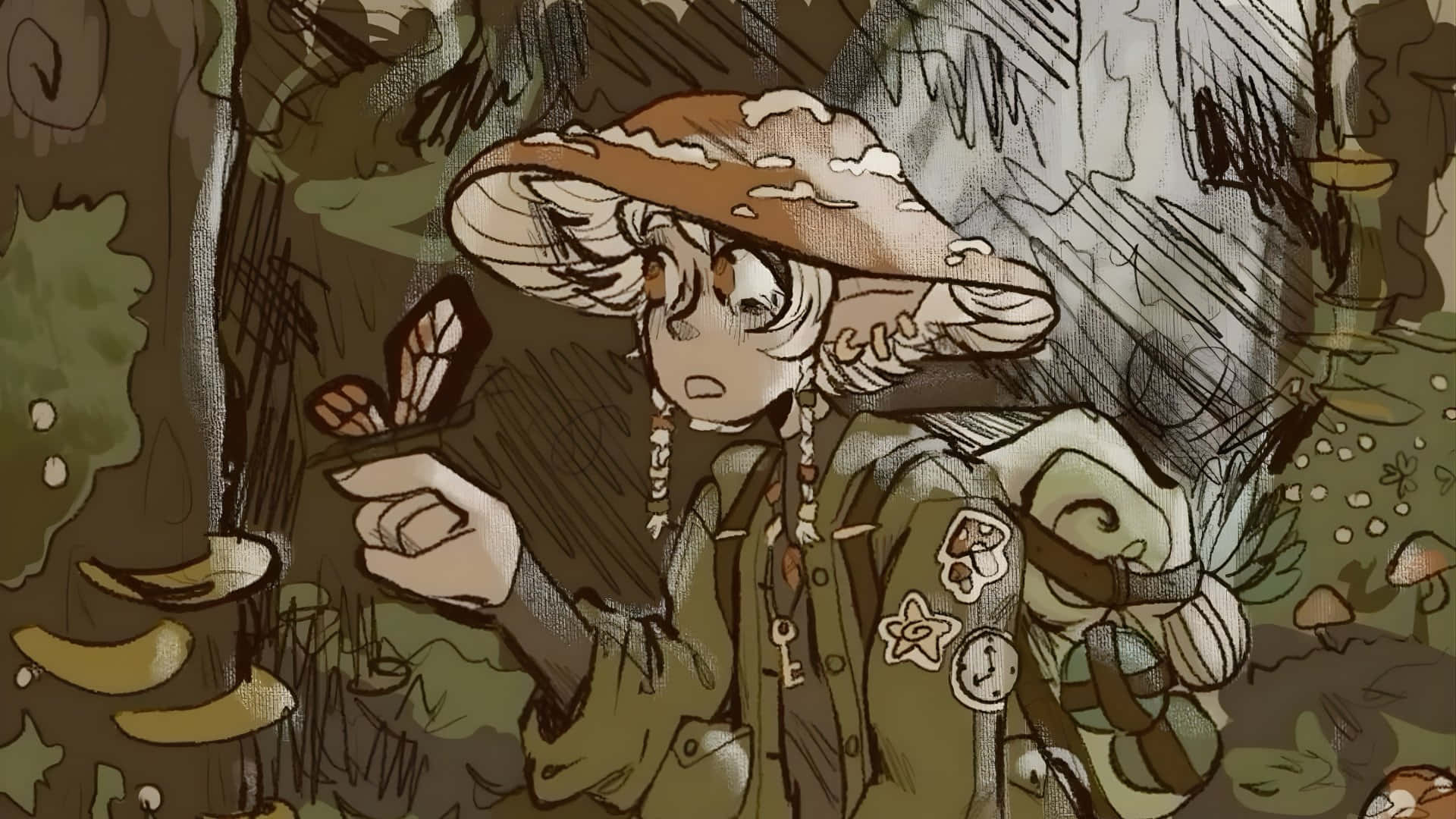 mushroom cap hat, butterfly, mossy forest, Full HD Desktop Wallpaper