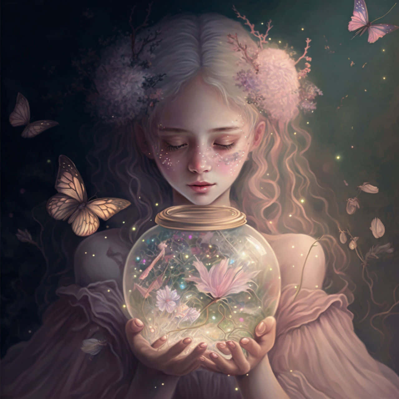 enchanted forest guardian, glowing hair, glass globe, HD Desktop Wallpaper