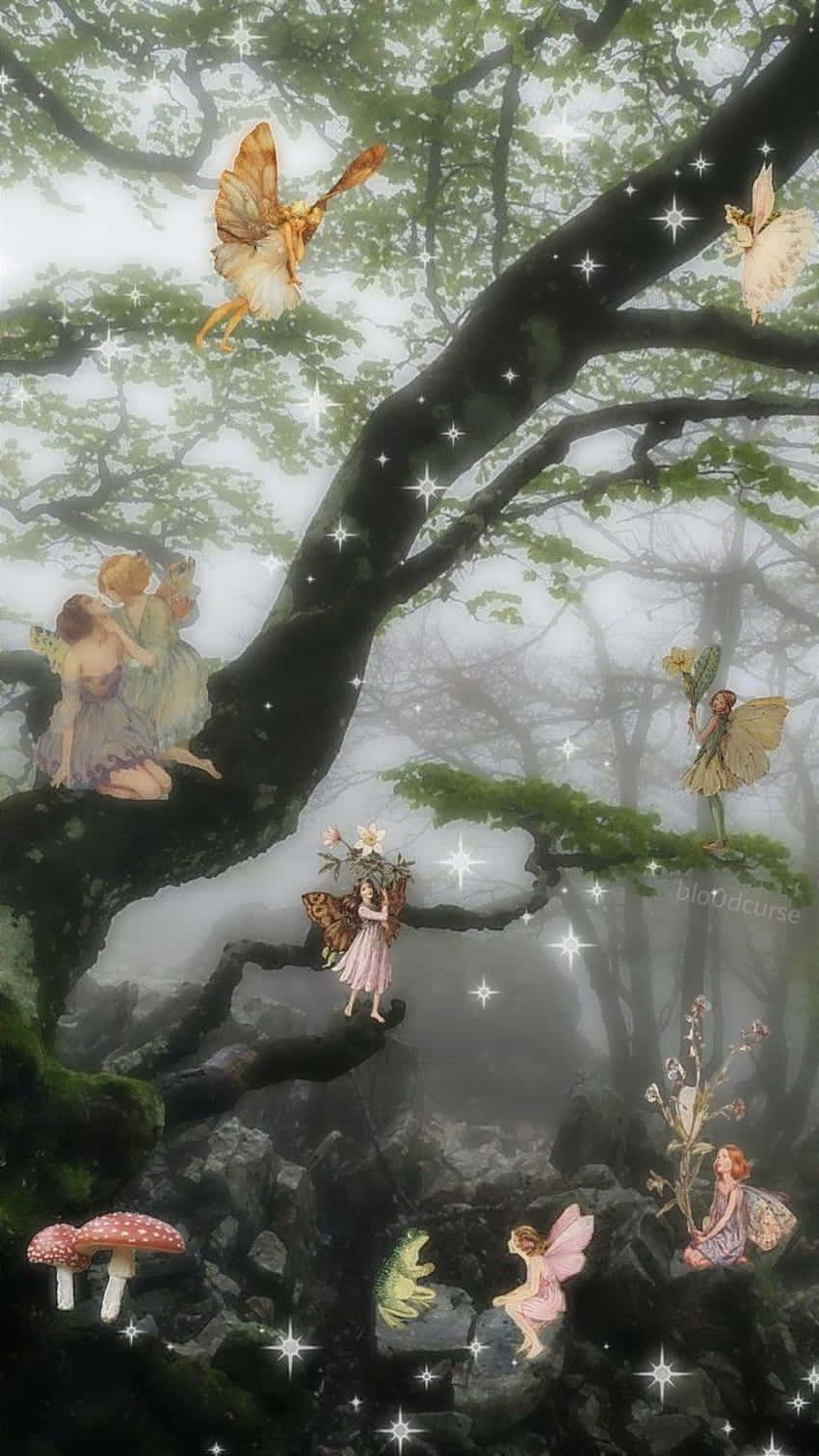 Fairycore, glowing fairies, mossy tree branches, HD Phone Wallpaper