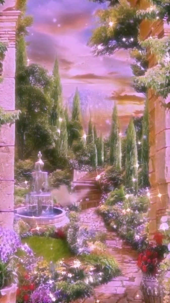 enchanted garden, stone arches, fountain, SD Phone Wallpaper