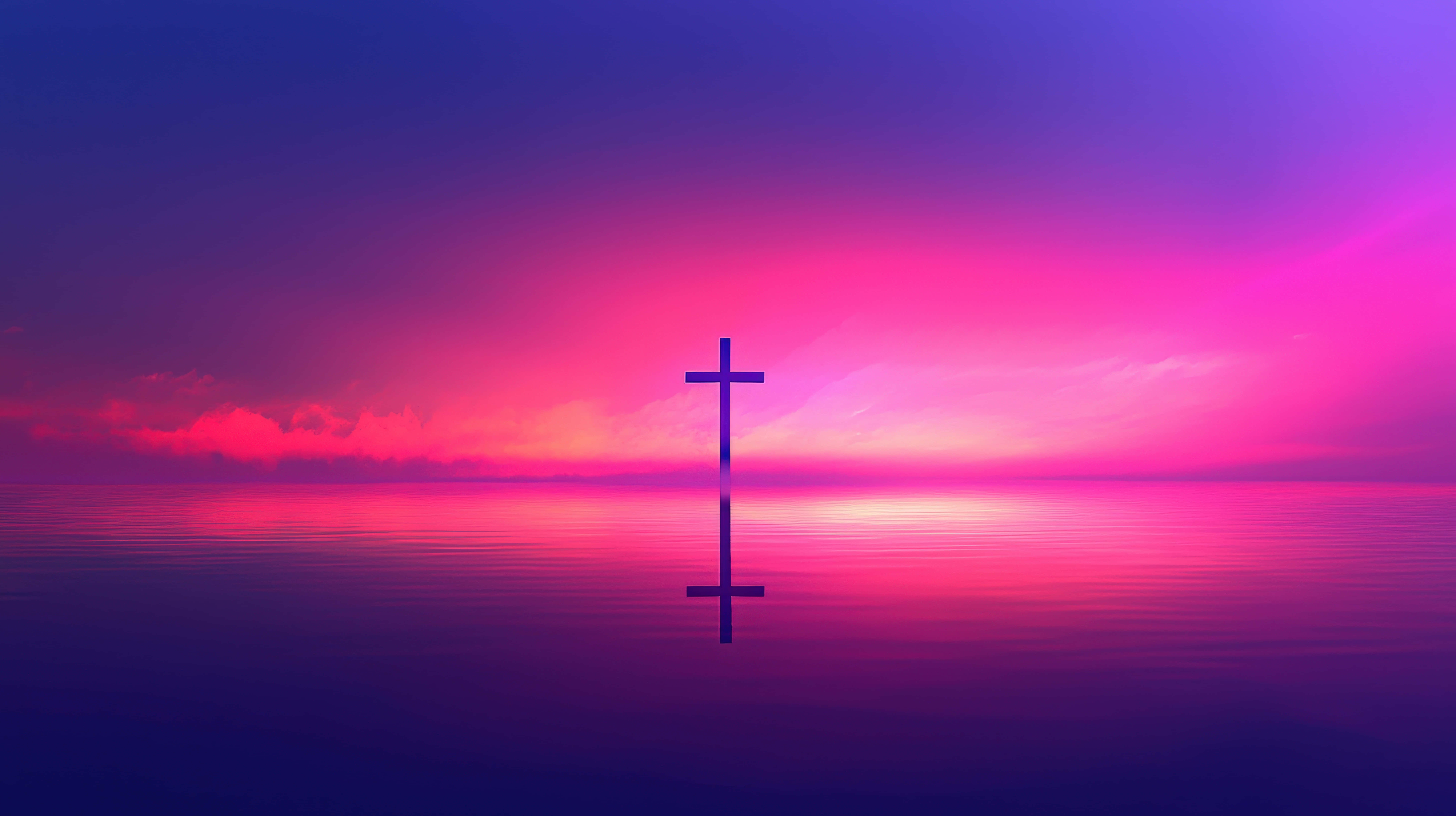 cross, calm water, vibrant pink and purple sunset, 8K Desktop Wallpaper