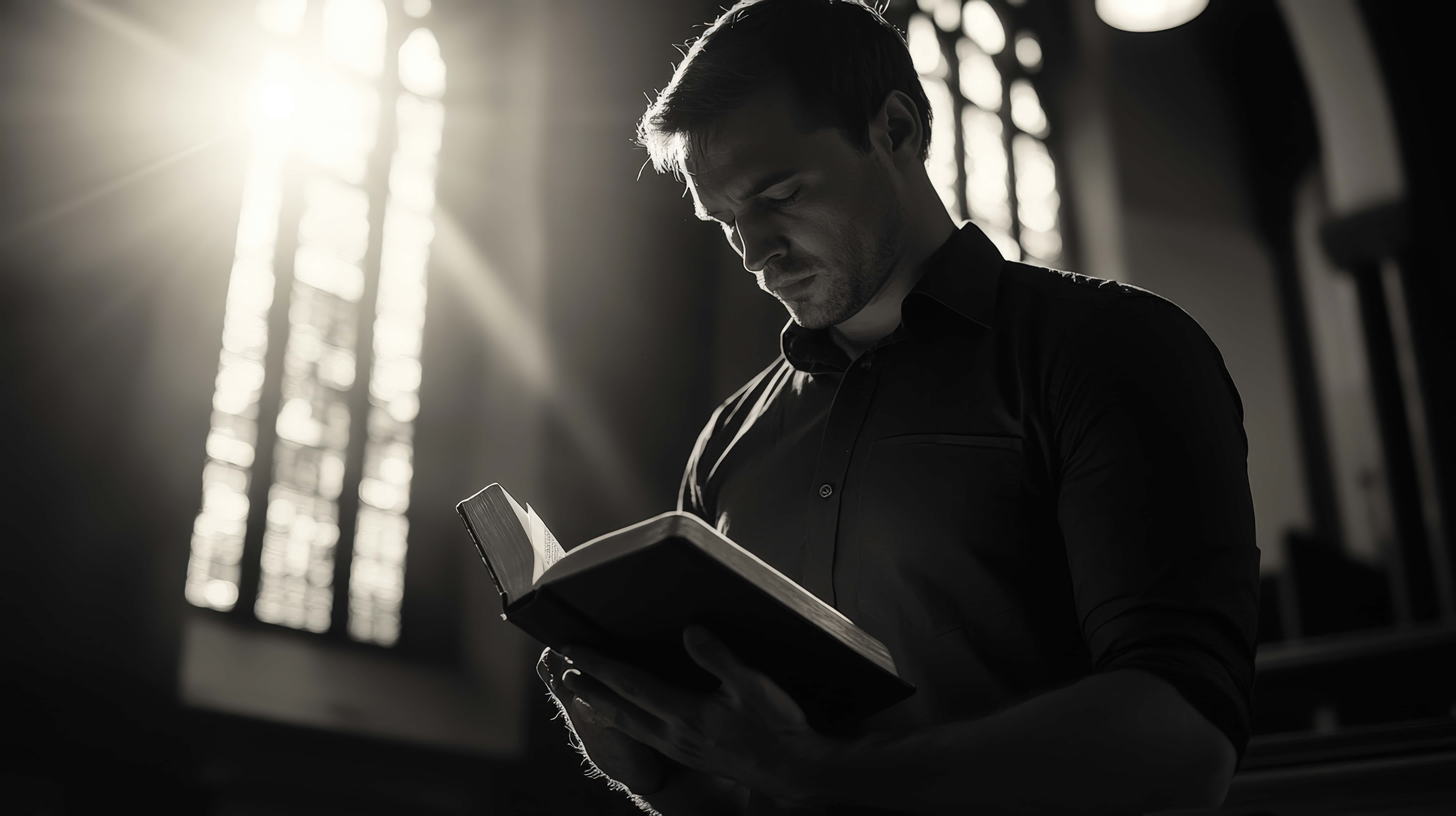 black and white portrait, man reading a book, church, 8K Desktop Wallpaper