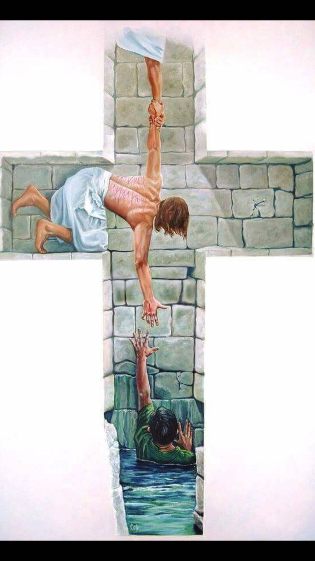 Salvation Faith In God, man climbing a stone cross, person reaching up from water below, Full HD Phone Wallpaper