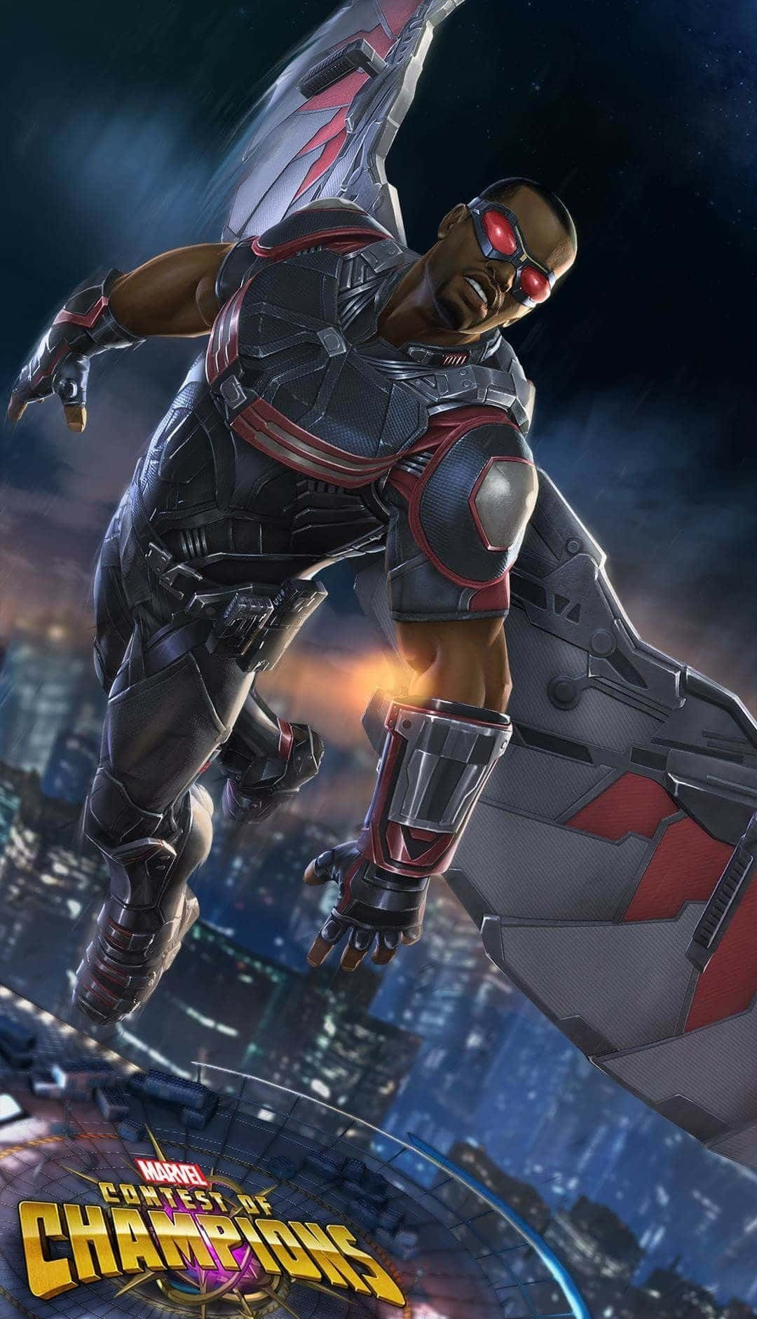 Falcon Marvel, black and red armor, glowing cityscape, HD Phone Wallpaper