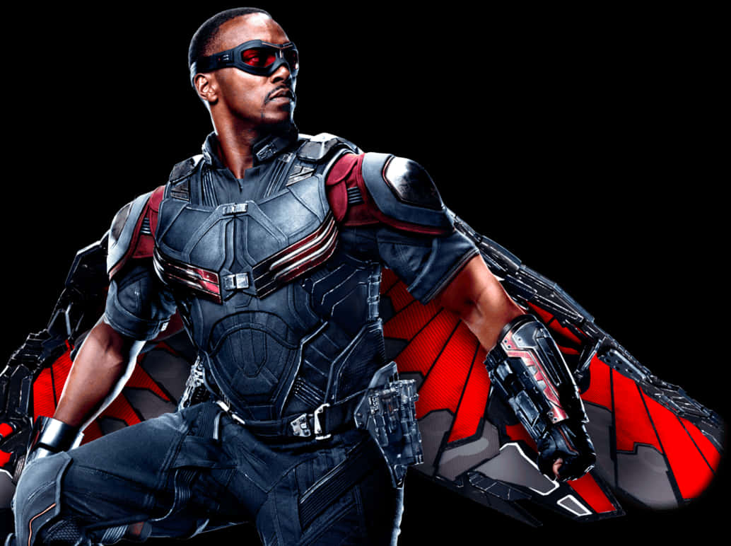 Falcon Marvel, black and red armored suit, wings, SD Desktop Wallpaper
