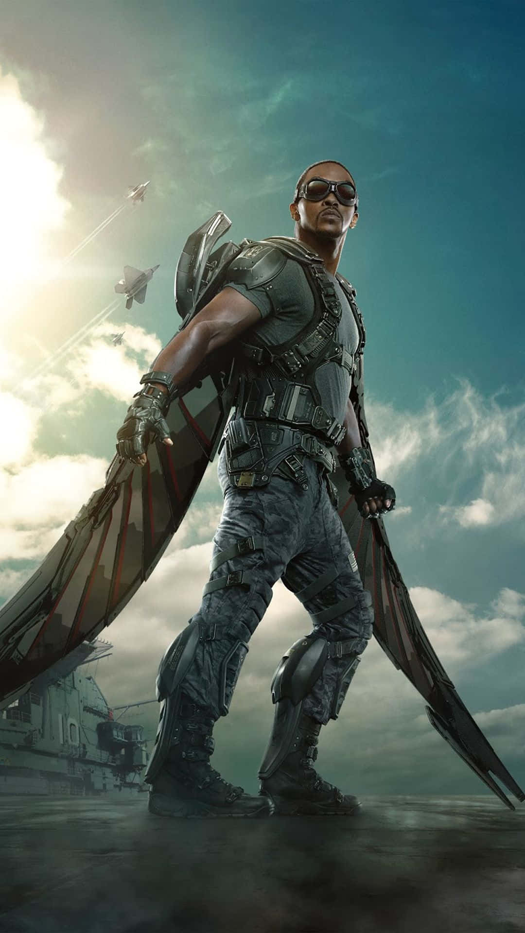 Falcon Marvel, mechanical wings, warship deck, Full HD Phone Wallpaper