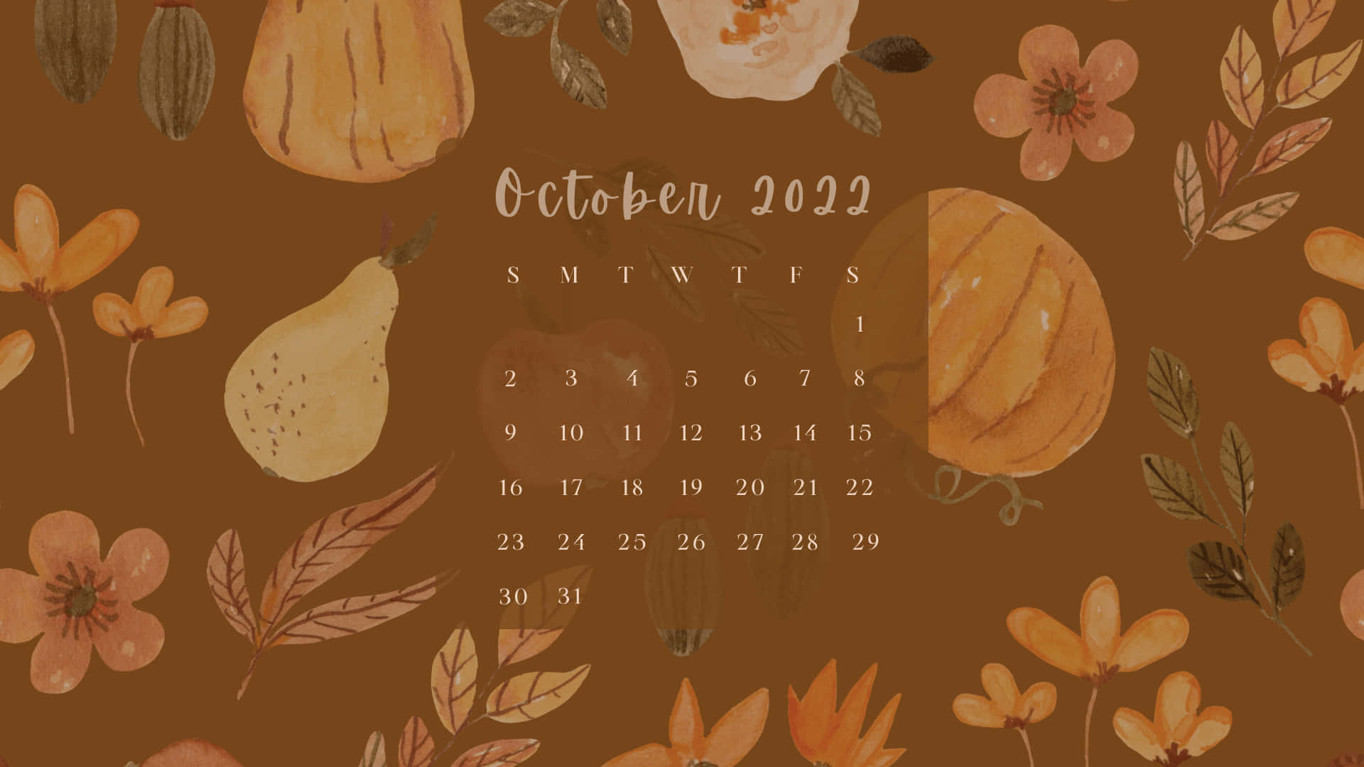 watercolor autumn calendar, October 2022, pumpkins, Full HD Desktop Wallpaper