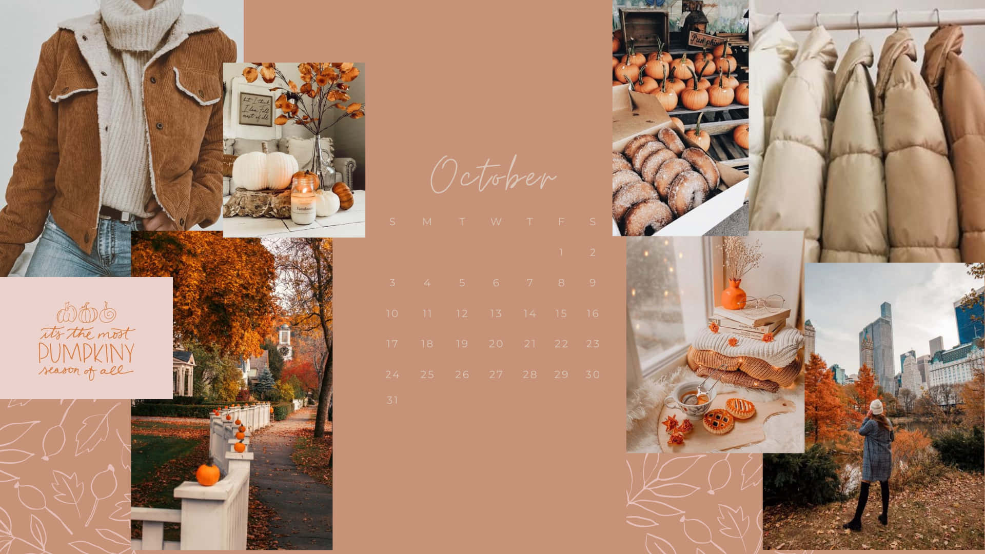 October calendar, autumn leaves, pumpkins, Full HD Desktop Wallpaper